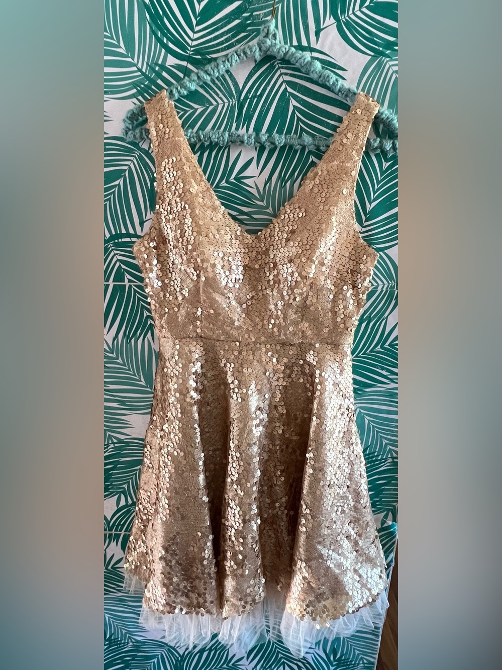 Minuet Gold Sequin party Fit-and-Flare Dress w/ tulle sz S